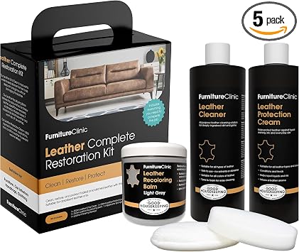 Furniture Clinic Leather Complete Restoration Kit | with Leather Recoloring Balm, Cleaner, 2-in-1 Protection Cream & Con