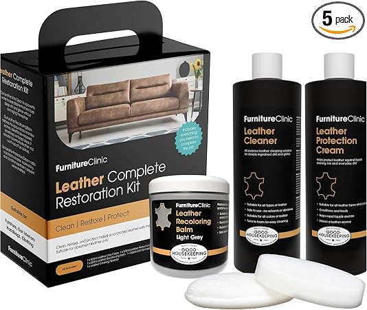 Furniture Clinic Leather Complete Restoration Kit | with Leather Recoloring Balm, Cleaner, 2-in-1 Protection Cream & Con
