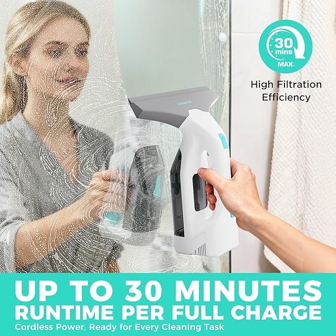 HAUSHOF Electric Window Vacuum Squeegee 11", Vacuum Squeegee Cordless Cleaner Tool Set, Window Vac with 300ml Spray Bottle & 100ml Water Tank for Mirror, Countertop, Showers
