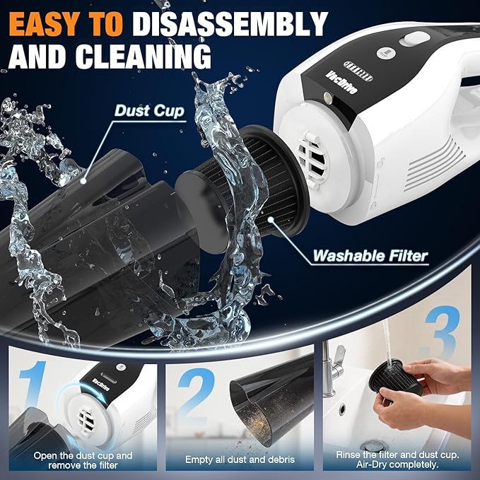 Handheld Vacuum Cordless, Ultra-Strong Suction Car Vacuum Portable Cordless, Rechargeable Hand Held Car Vacuum Cleaner High Power with Multi-Nozzles & Washable Filter for Car, Home, Pets, White&Black