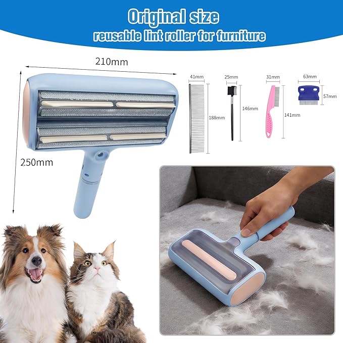 Pet Hair Remover Lint Rollers for Pet Hair Extra Sticky with Water Spray,Reusable 2-in-1 Dog Cat Hair Removal Tool for Furniture,Couch,Carpet,Bedding,and Clothes - Includes 4 Brushes