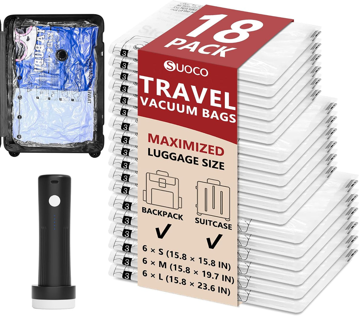 Travel Vacuum Bags with Rechargeable Pump, 18 Combo, Clear