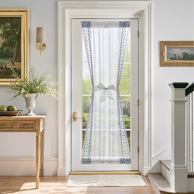 jinchan French Door Curtain Privacy Boho Embroidered Semi Sheer Voile Front Curtain for Window Doorway Closet, Door Panel with Tieback Rod Pocket 1 Panel (Blue on White, 55W x 72 L Inch)