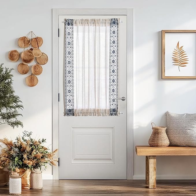 jinchan French Sheer Volie Door Curtain Embroidered Farmhouse Linen Curtain for Patio Door with Tie up Bows Light Filtering for Door Window Closet Rod Pocket 40 Inches 1 Panel Blue on Beige