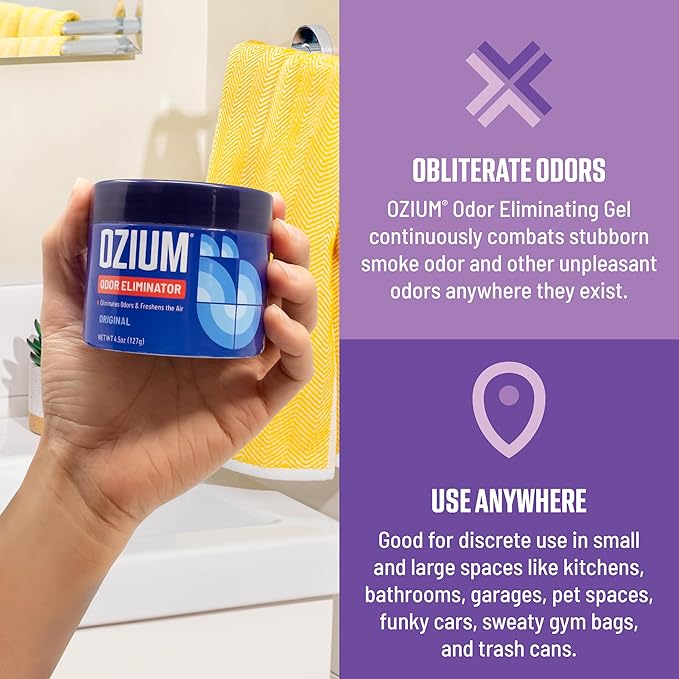 Ozium Odor Eliminating Gel - 4.5oz Air Freshener Alternative for Smoke, Pets, and Musty Odors - Long Lasting Odor Remover for Cars, Homes, Closets and Small Spaces - Lavender