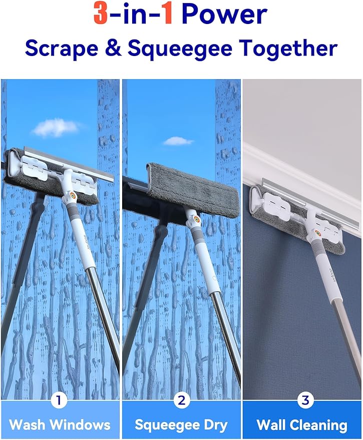 CTIME 80" Window Washing Kit with Extension Pole : Professional Window Cleaner Tool | Window Cleaning Squeegee Kit for High/Outdoor/Glass & Bathroom Surfaces with Storage Bag + 5 Microfiber Cloths
