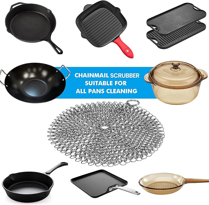 TOPULORS 316 Stainless Steel Cast Iron Skillet Cleaner Scraper Chain Link Chainmail Scrubber for Cast Iron Pans, Pre-Seasoned Pans, Griddle Pans, BBQ Grills, and More Pot Cookware-Round 7 in Diameter