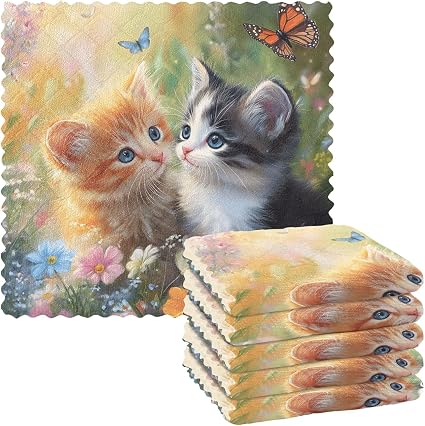 Kitchen Dish Towels 6 Pack, Cute Cats Butterfly Flowers Art Dish Cloths for Drying Dishes Absorbent Cleaning Cloths Wash