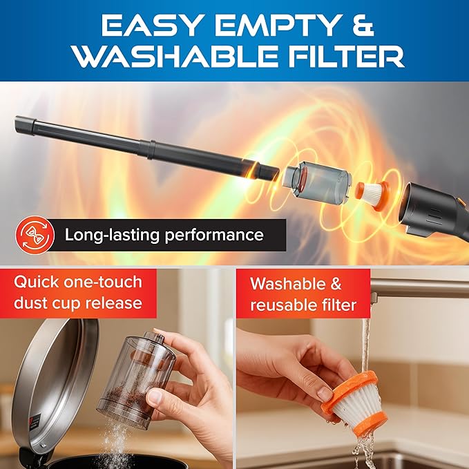 Pocket Vac Reach Handheld Vacuum w/ 3ft Extension Wand – Cordless 2-in-1 Blower & Portable Car Vacuum Cleaner, Mini Hand Vacuum for Furniture, Keyboard & Tight Spaces - w/ 8-Piece Attachment Kit