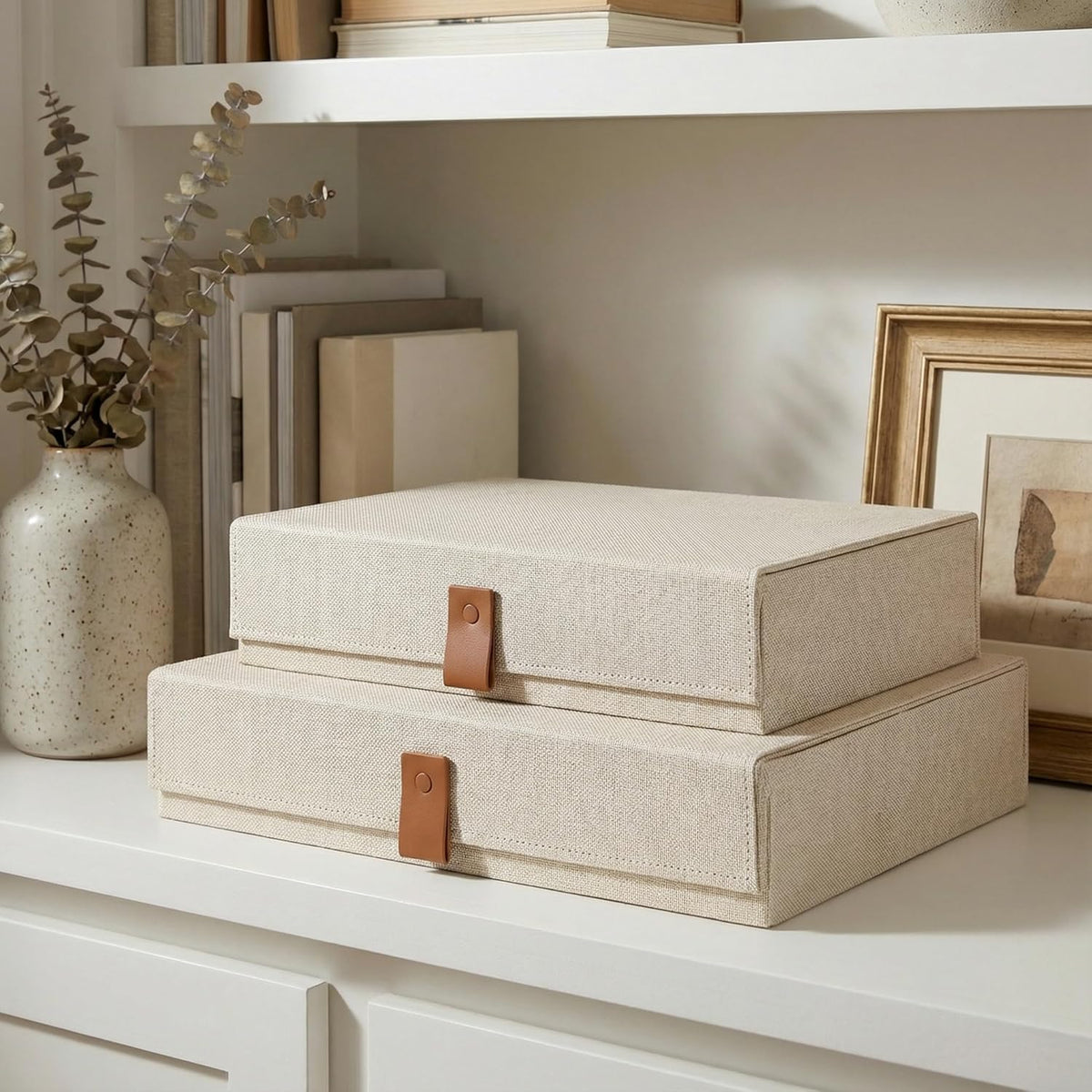 Decorative Photo Storage Boxes with Lids - Set of 2 Linen Organizers