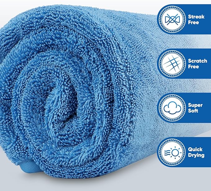 HOMEXCEL Professional Car Drying Towel (36"x 24") with Twisted-Loop Technology, 1200GSM for a Streak-Free Finish – Microfiber Towels for Cars, Trucks, SUVs, RVs and Motorcycles, Blue