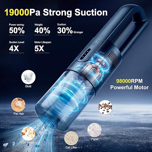 Handheld Vacuum Cordless, Car Vacuum Portable Cordless 30 Mins Rapid Rechargeable Brushless Motor 19000Pa Strong Suction, Portable Vacuum for Car Home with 4 Nozzles (Black)
