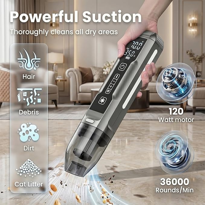 FOLAI Cordless Car Vacuum, 5-in-1 Portable Mini Handheld Vac, Upgraded Smart Digital Display, 2 Suction Modes Type-C Charging for Small Jobs, Car, Office Desk, Keyboards