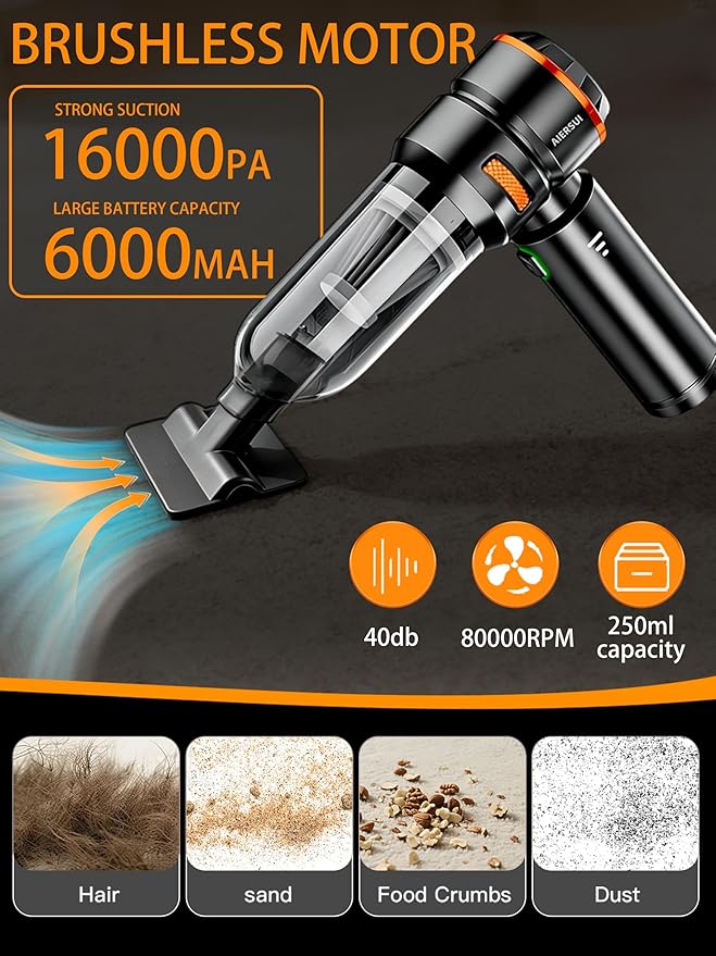 Super-Powered car mini Vacuum Cleaner 80,000RPM, Four-in-one: Blower, Vacuum Cleaner, air Extractor, and Pump. Handheld dust Collector, Handheld dust Blower, Hair Dryer, Cordless (Orange)