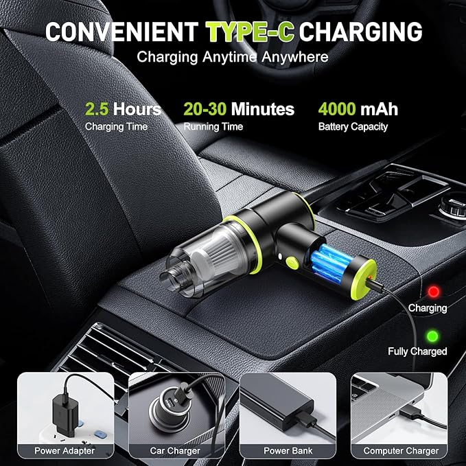 KMM Handheld Car Vacuum Cleaner, 9000PA Vacuum Cleaner & Air Duster, 120W High Power Vacuum Portable Cordless, Hand Held Vacuum Rechargeable with Multi-Nozzles & LED Light for Home, Car, Office