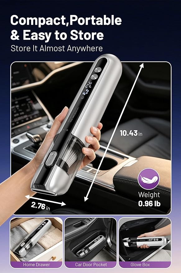 Handheld Cordless Car Vacuum Cleaner 15000Pa, 3-in-1 Portable Vacuum with LED Display & HEPA Filter,USB-C Rechargeable, up to 30-Min Runtime for Car, Home, Desk & Pet Hair(White)