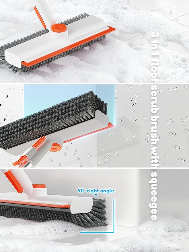 Floor Scrub Brush with Long Handle, 3 in 1 Scrape and Heavy-Duty Stiff Bristle Floor Scrubber Brush with Squeegee and Tweezer for Cleaning Tile Wall Deck (Orange and White)