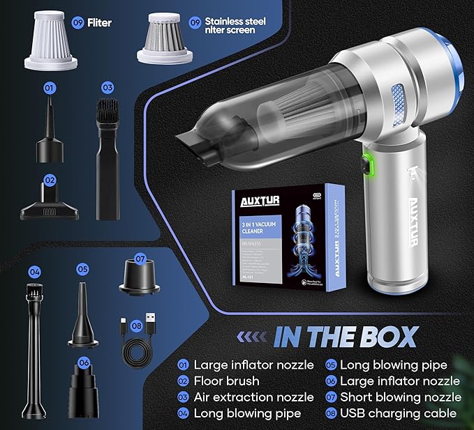 Handheld Cordless Car Vacuum|3 in 1 15000PA Mini Cleaner,120W High Power Brushless Motor,Super Suction Power Vacuums with Type-C Data Cable, Small Portable and Rechargeable Cleaner (Sliver)