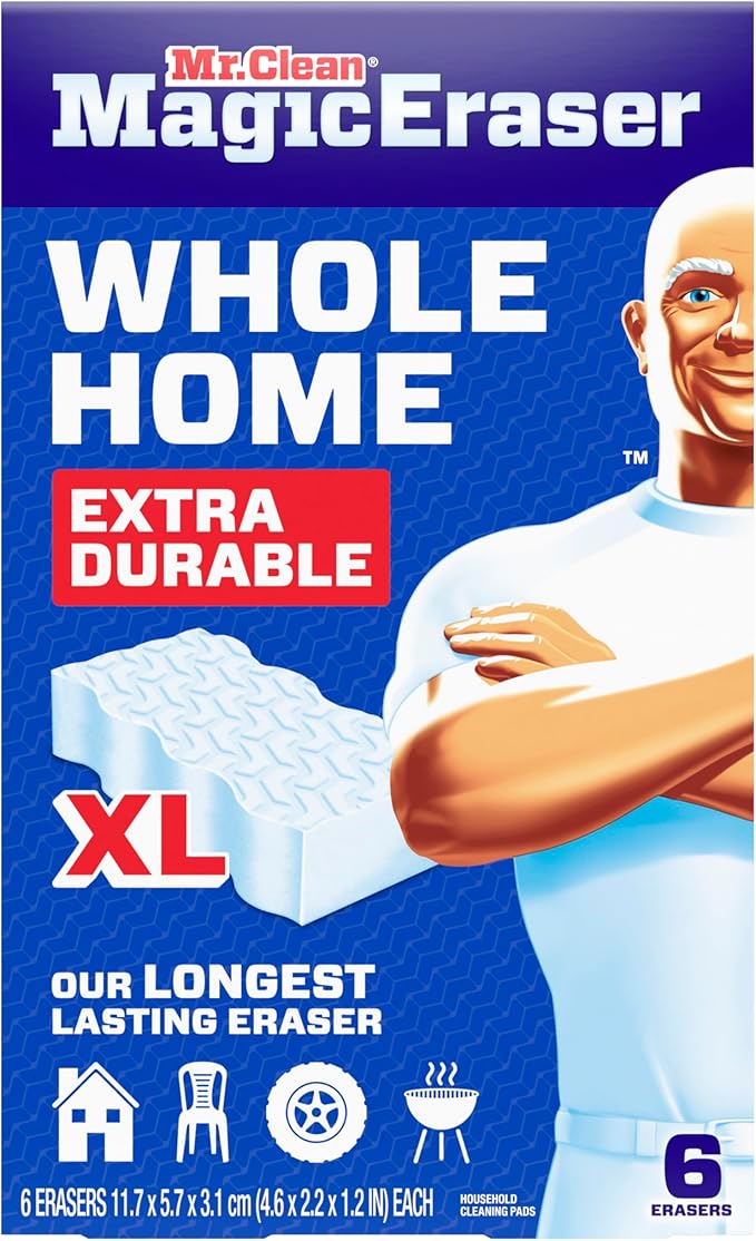 Mr. Clean Magic Eraser Sponge, All Purpose Cleaner, Long Lasting Cleaning Scrubber, Wall, Sneaker, Oven, Kitchen, Bathroom Cleaner, Shower Cleaning Supplies, Whole Home Extra Durable XL, 6ct