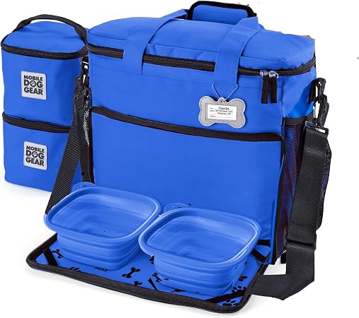 Mobile Dog Gear Week Away Airline Approved Dog Travel Bag (15"x7"x14", Blue) - Includes 2 Pet Food Storage Containers + 