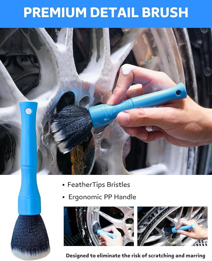 oesee Car Wheel Cleaning Kit: Wheel and Rim Flagged Tip Brush, Bendable Barrel Brush, Wheelie Mitt, Scratch-Free Detail Brush for Rims & Tires - Durable & Multipurpose Clean Wheel Hard to Reach Areas