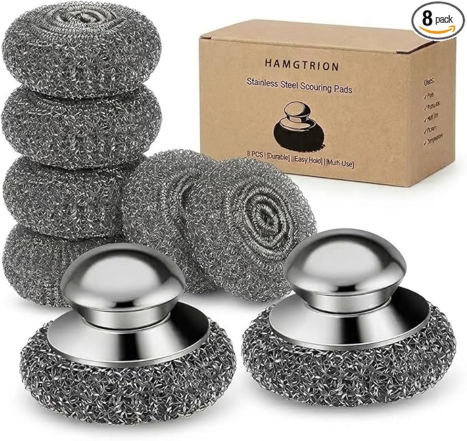 Steel Wool Scrubber, 8-Pack Stainless Steel Scrubber Pads with Handle - The Ultimate Scouring Solution for Rust, Stubborn Messes on Cookware, Grill, Oven & Kitchen Sinks