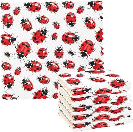 Ladybug Kitchen Towels and Dishcloths Set Absorbent Reusable 6 Pack Fast Drying Dish Rags for Cleaning Soft Polyester Ha