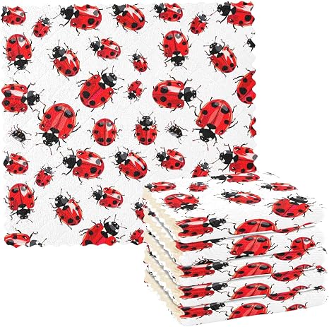 Ladybug Kitchen Towels and Dishcloths Set Absorbent Reusable 6 Pack Fast Drying Dish Rags for Cleaning Soft Polyester Ha