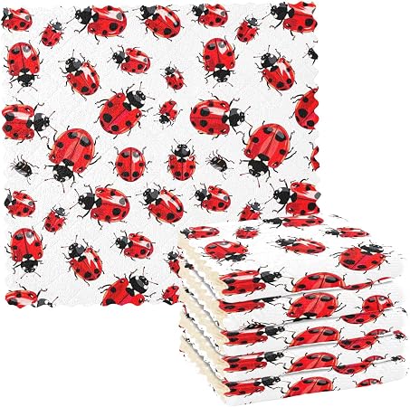 Ladybug Kitchen Towels and Dishcloths Set Absorbent Reusable 6 Pack Fast Drying Dish Rags for Cleaning Soft Polyester Ha