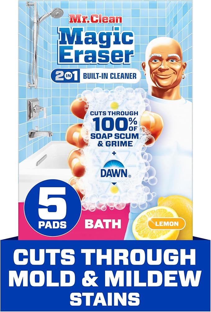 Mr. Clean Magic Eraser Sponge, Bathroom Cleaner, Shower Cleaner, Tub Cleaner, Soap Scum Remover, Bathroom Cleaning Supplies, Dawn Cleaning Power with Lemon Scent, 2 in 1 Bath, 5ct
