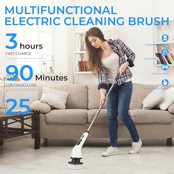 Electric Cleaning Brush, Rechargeable Power Scrubber with 6 Replaceable Brush Heads and Extendable Handle, Multi-Surface Cleaner for Bathroom, Kitchen, Floor, Grout, Car, Windows
