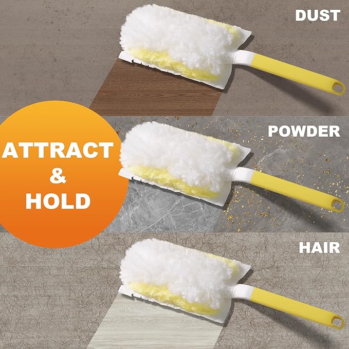 JOYMOOP Disposable Electrostatic Duster for Cleaning, with 2 Handles & 24 Ct Yellow Heavy Duty Refills for Swiffer Feather Duster, Household Cleaning Tool for Electronics, Dusting Furniture, Blinds
