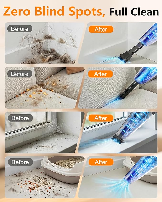 15-Min Fast Cleaning 120㎡ Room Handheld Vacuum Cordless - 26000Pa Strong Suction with Brushless Motor 18-36 Min Runtime Portable Vacuum - 1000mL Dust Cup One-Touch Emptying - Ease Use for Debris Hair