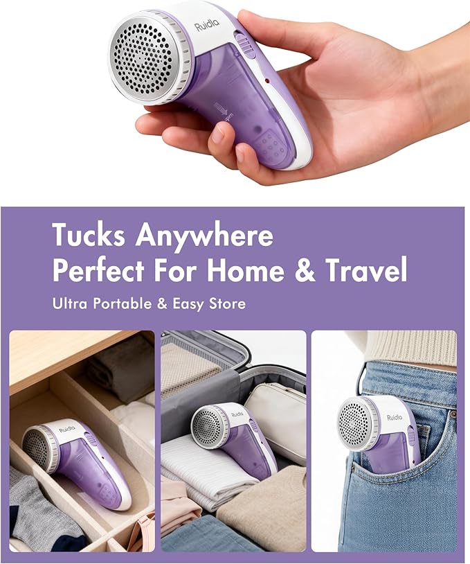 Ruidla Fabric Shaver Lint Shaver Defuzzer, Electric Lint Remover, Rechargeable Sweater Shaver with Replaceable Stainless Steel 3-Leaf Blades, Dual Protection, Removable Bin, (Micro-b Charging)