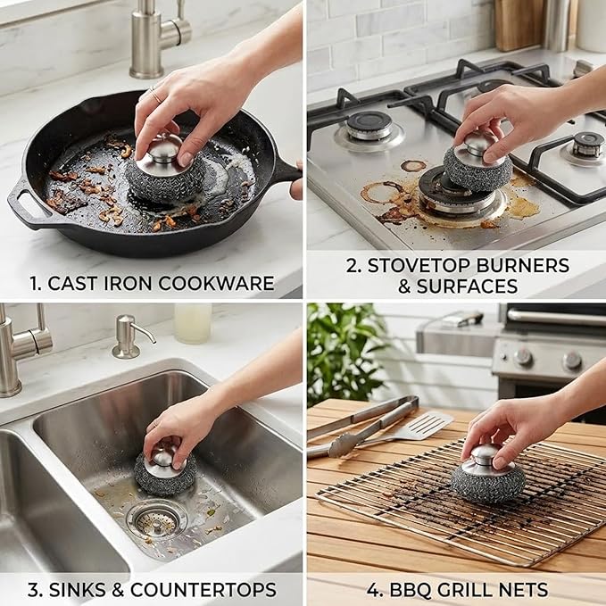 Steel Wool Scrubber, 8-Pack Stainless Steel Scrubber Pads with Handle - The Ultimate Scouring Solution for Rust, Stubborn Messes on Cookware, Grill, Oven & Kitchen Sinks