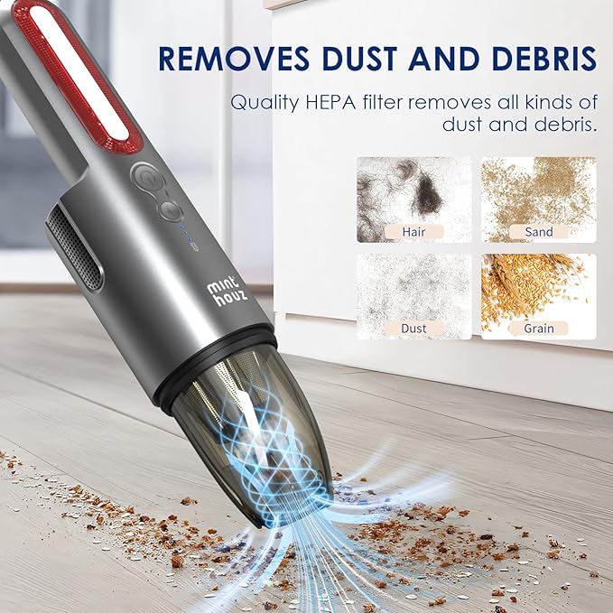 Minthouz Car Vacuum,Mini Portable Cordless Hand held Vacuum Powerful Suction Equipped with LED Light,Large Capacity Battery and USB 3.0 Fast Charging Tech,for Car,Home, Office