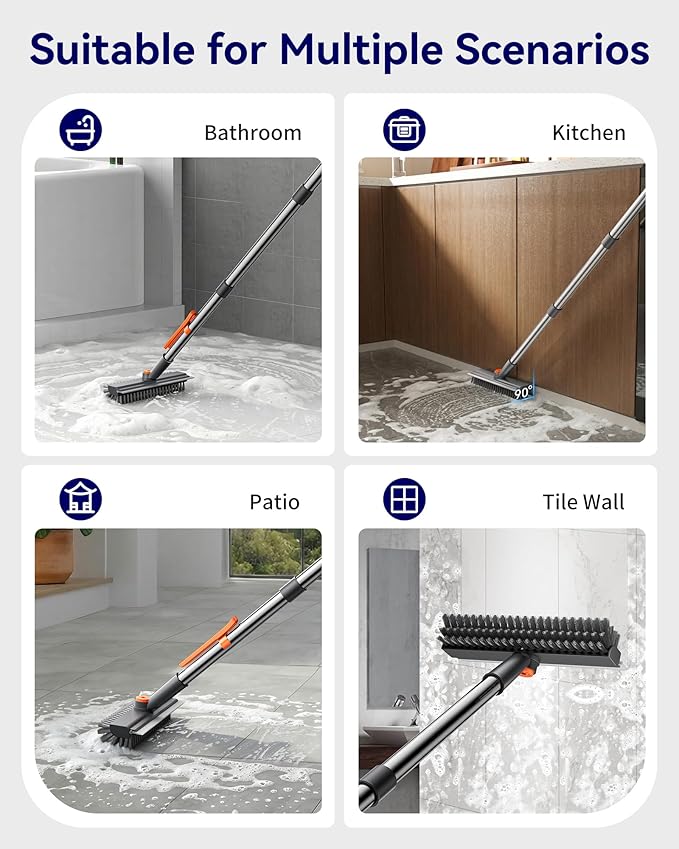 Small Floor Scrub Brush with Length Adjustable Long Handle, 3 in 1 Heavy-Duty Stiff Bristle Scrubber Brush with Squeegee and Tweezer for Cleaning Bathroom, Tile, Deck, Patio, Garage and Kitchen