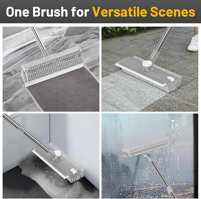 Floor Scrub Brush with Long Handle: 3 in 1 Heavy-Duty Floor Scrubber Brush with Squeegee for Cleaning Tile Bathroom Deck Kitchen Patio - Gray