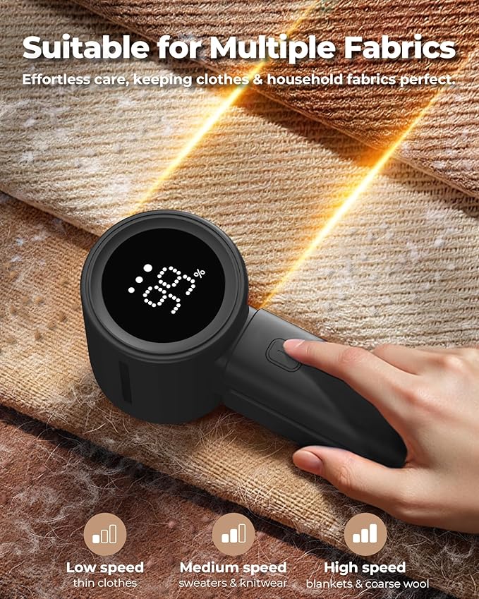ASNUG Fabric Shaver, Electric Lint Remover, Sweater Shavers to Remove Pilling with 3 Speeds, 6 Leaf Blade, LED Display & Type-C Rechargeable, Removes Fuzz, Pills for Clothes, Couch, Furniture