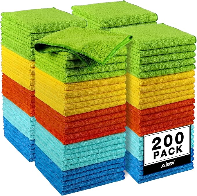AIDEA Microfiber Cleaning Cloth, 200PK, Microfiber Towels for Cars, Shop Towels Cleaning Rags, Premium Wash Cloths, Absorbent Towel for SUVs, House, Kitchen, Window, Cleaning Supplies 12×12"