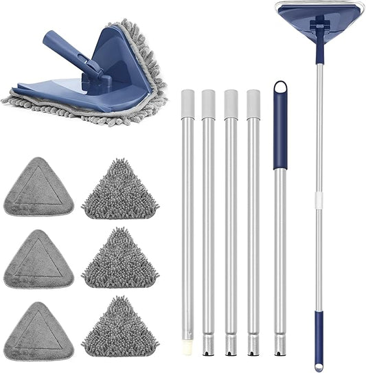 Wall Cleaner Mop with 82" Handle, 360° Rotating Triangle Head and Microfiber Pads, Built-in Squeegee for Ceiling Mop, Baseboard Cleaning and Windows