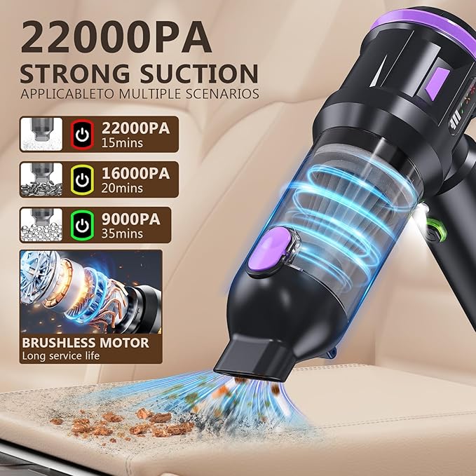 Portable Cordless Car Vacuum, 4-in-1 Handheld with Air Blower, Brushless Motor, 22000Pa Suction, Type-C Fast Charging, LED Light, for Pet Hair Car Home Office, with Case (Black Purple)
