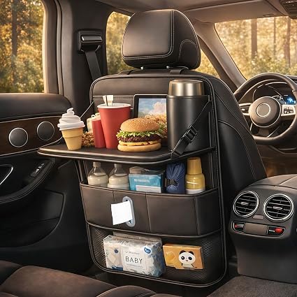 1 Pack Backseat Car Organizer, Large Capacity with Adjustable Foldable Table Tray, Waterproof PU Leather Back Seat Stora