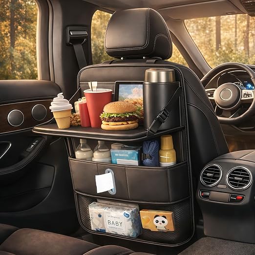 1 Pack Backseat Car Organizer, Large Capacity with Adjustable Foldable Table Tray, Waterproof PU Leather Back Seat Stora