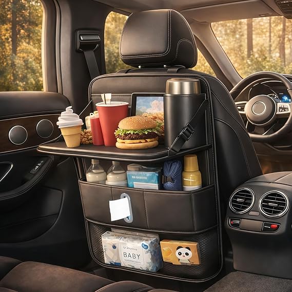 1 Pack Backseat Car Organizer, Large Capacity with Adjustable Foldable Table Tray, Waterproof PU Leather Back Seat Stora