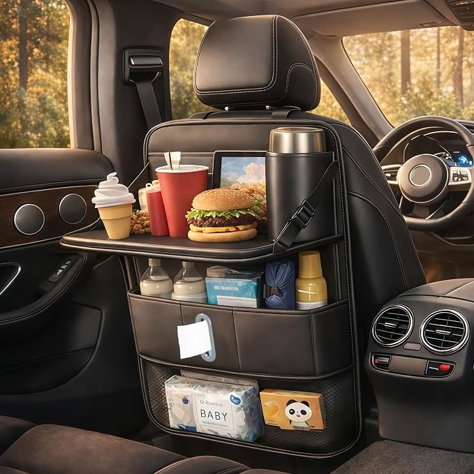 1 Pack Backseat Car Organizer, Large Capacity with Adjustable Foldable Table Tray, Waterproof PU Leather Back Seat Stora