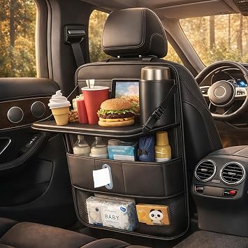 1 Pack Backseat Car Organizer, Large Capacity with Adjustable Foldable Table Tray, Waterproof PU Leather Back Seat Stora