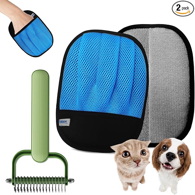 Pet Hair Removal Glove for Cats & Dogs, 2 Pcs Thickened Five-Finger Electrostatic Hair Remover Golve,Magic Brush with Pet Hair Remover Comb on Carpet, Clothing, Laundry, Couch