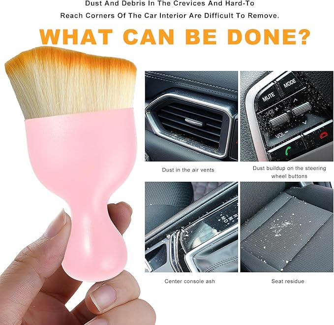 2 PCS Car Interior Detailing Brush, Curved Car Interior Cleaning Brush with Ultra Soft Bristles & Dust Cover, Scratch-Free Auto Dusting Brushes for Dashboard AC Vent Leather (Pink)