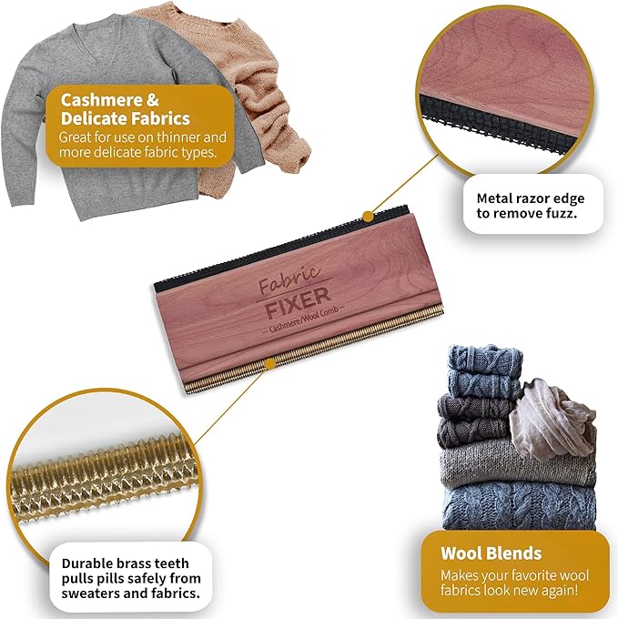 Cashmere Pill Remover Comb with Natural Cedar Wood Handle (Double Edge Design) Wool Sweater Fuzz Comb & Fabric Pilling Remover for Delicate Clothing